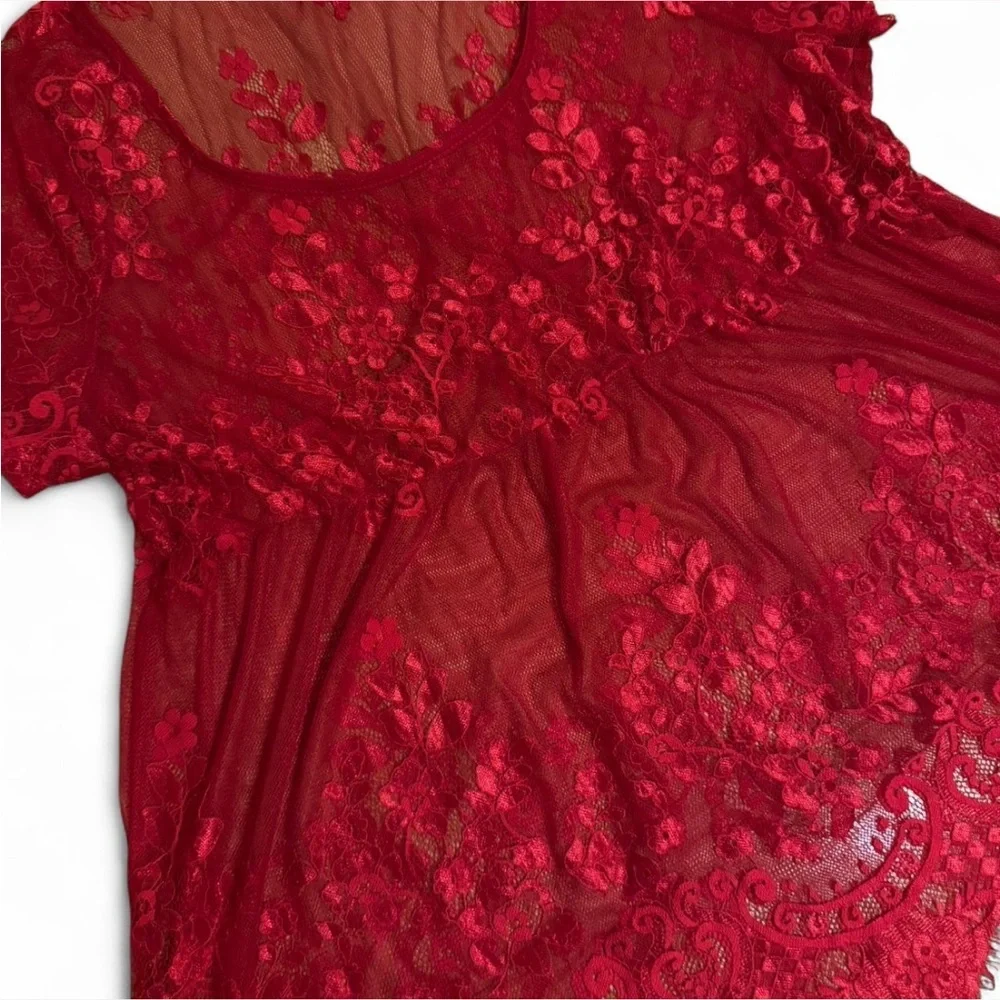 Torrid Red Lace Short Sleeve Babydoll Sheer Blouse - Picture 3 of 6